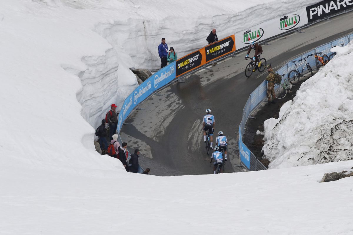 High snow banks towered over riders on the Lago Serru