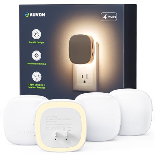 Auvon Plug-In Led Backlit Night Light With Motion Sensor &amp;amp; Dusk to Dawn Sensor, Dimmable Warm White Nightlight With 1-50 Lm Adjustable Brightness for Bedroom, Bathroom, Stairs, Hallway (4 Pack)