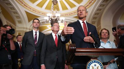 Senate Majority Leader John Thune (R-S.D.) talks about the Republican policy bill