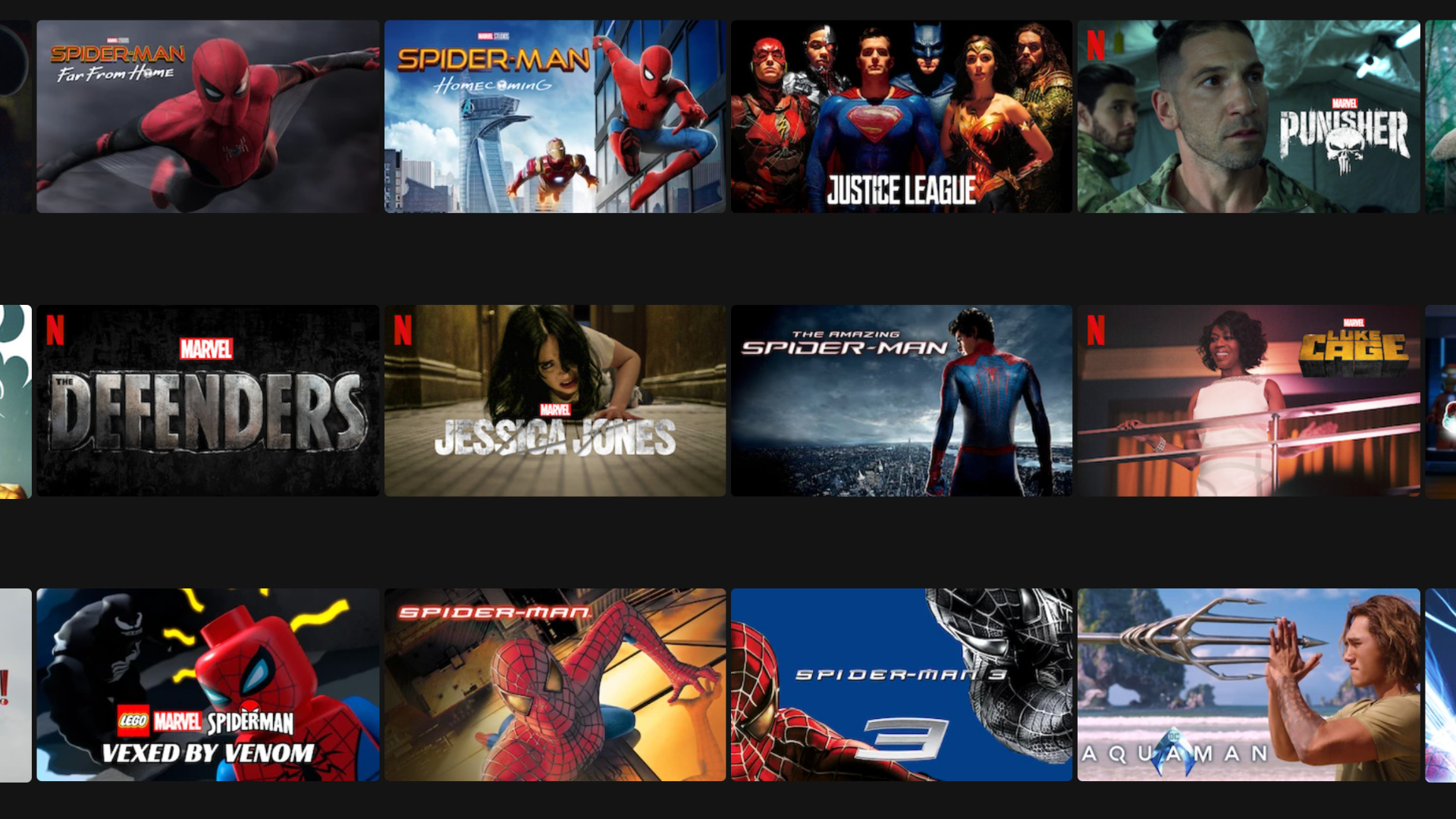Screenshot of Netflix showing off Marvel movies and TV shows