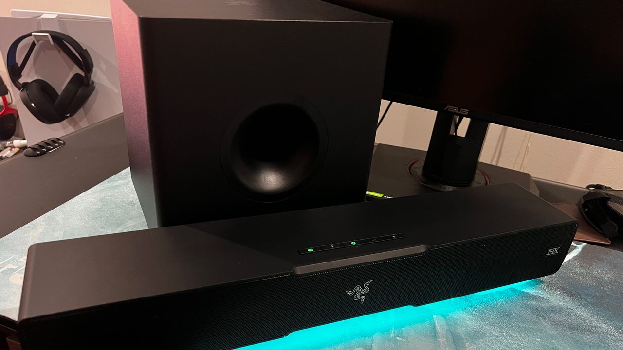 RAZER LEVIATHAN V2 ON DESK.