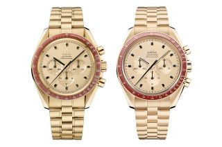 Omega's Speedmaster Apollo 11 50th Anniversary Limited Edition (at right) is modeled after the gold Speedmaster BA145.022 (at left) that was presented to NASA's Apollo astronauts.