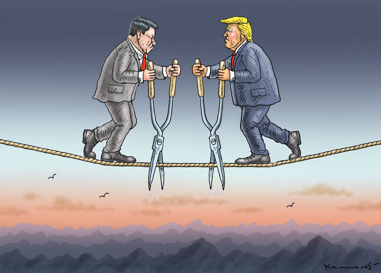 Political cartoon U.S. Trump Xi Jinping trade war tariffs tightrope