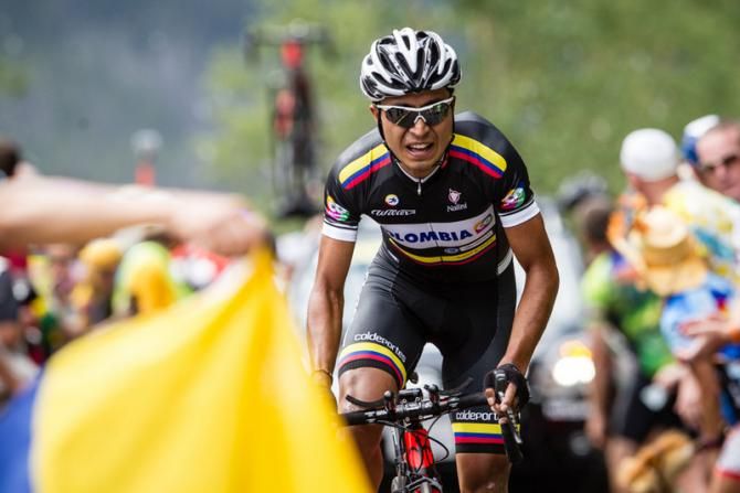 Darwin Atapuma (Columbia) gets flagged on by a countryman near the finish.