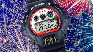 Casio G-Shock DW6900US24-2 watch with fireworks in background