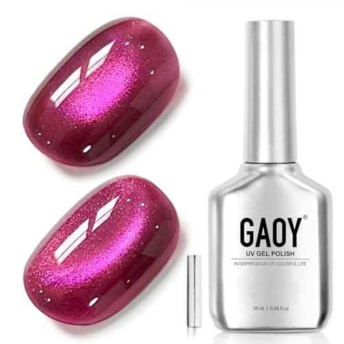 Gaoy Hot Pink Glassy Cat Eye Gel Nail Polish, 16ml Glitter Holographic Gel With Magnet, Reflective Translucent Uv Light Cure for Nail Art Diy, 4471 Heartbeat Pink