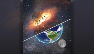 An artist's depiction of the giant impact of Theia juxtaposed with the Earth and moon as they are today.