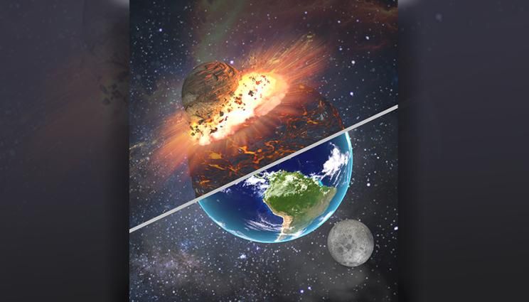 An artist&#039;s depiction of the giant impact of Theia juxtaposed with the Earth and moon as they are today.