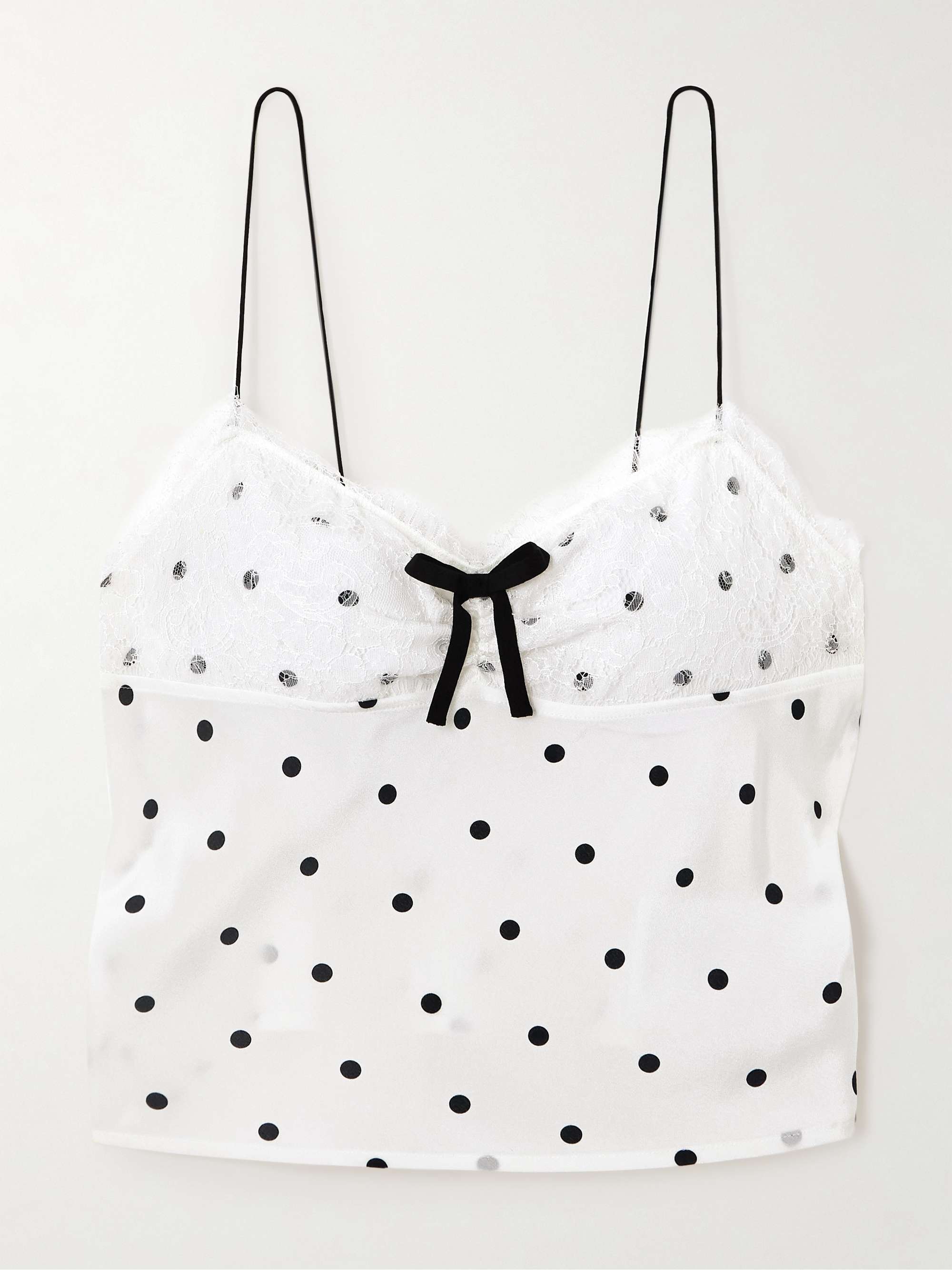 Bow-Embellished Lace-Trimmed Flocked Polka-Dot Silk-Georgette Top