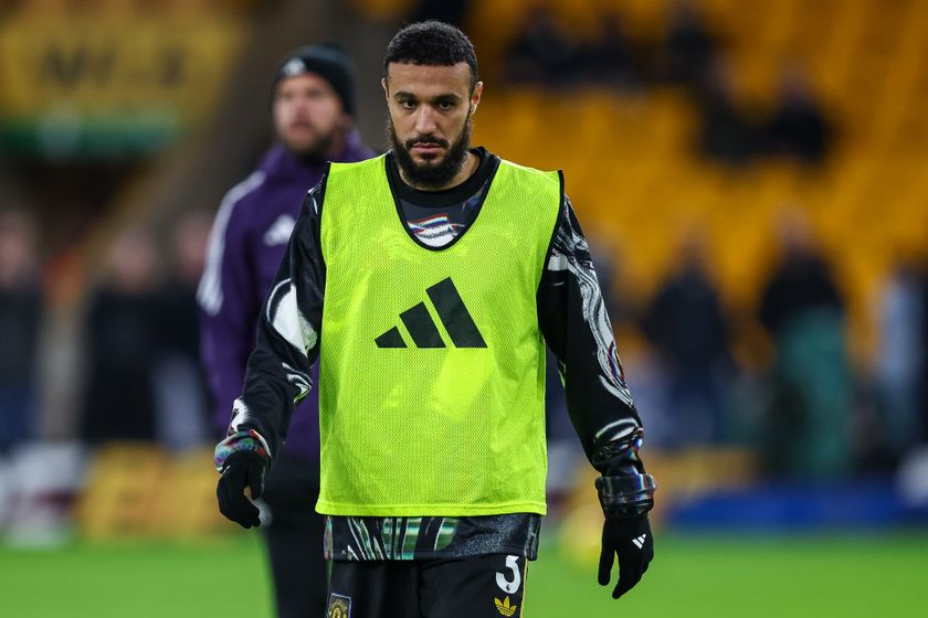 Noussair Mazraoui of Manchester United warms up during the Premier League match between Wolverhampton Wanderers and Manchester United at Molineux in Wolverhampton, England, on December 8, 2025. (Photo by Stuart Leggett/MI News/NurPhoto via Getty Images)