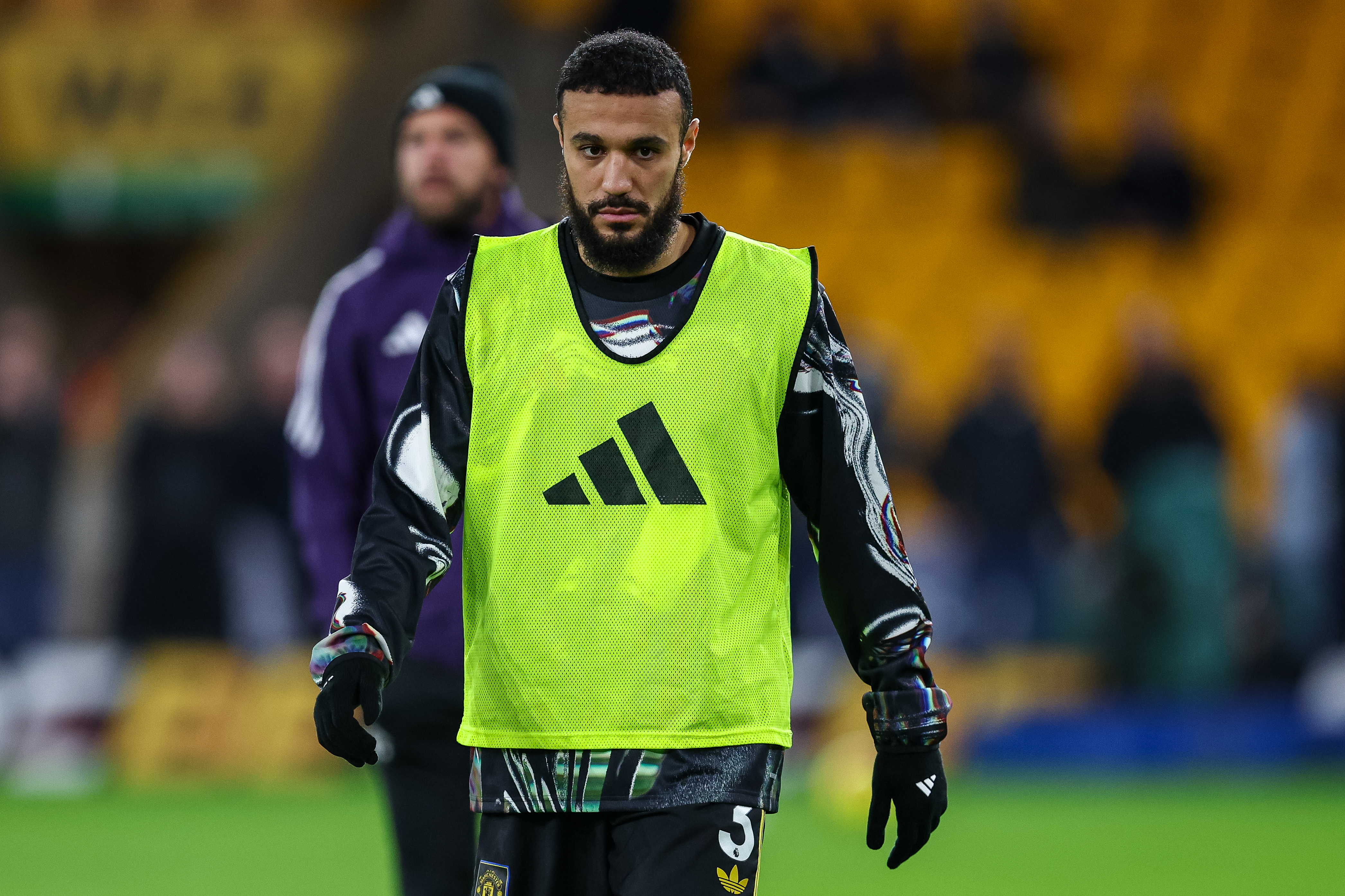 Noussair Mazraoui of Manchester United warms up during the Premier League match between Wolverhampton Wanderers and Manchester United at Molineux in Wolverhampton, England, on December 8, 2025. (Photo by Stuart Leggett/MI News/NurPhoto via Getty Images)