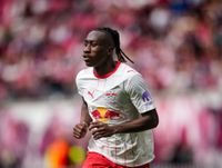 Yan Diomande (RB Leipzig) looks on during match day 33 1.Bundesliga, RB Leipzig and St. Pauli, Red Bull Arena, Leipzig, Germany on May 09 2026. (Photo by Ulrik Pedersen/NurPhoto)