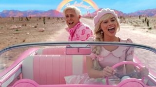 Ryan Gosling and Margot Robbie in a car Barbie