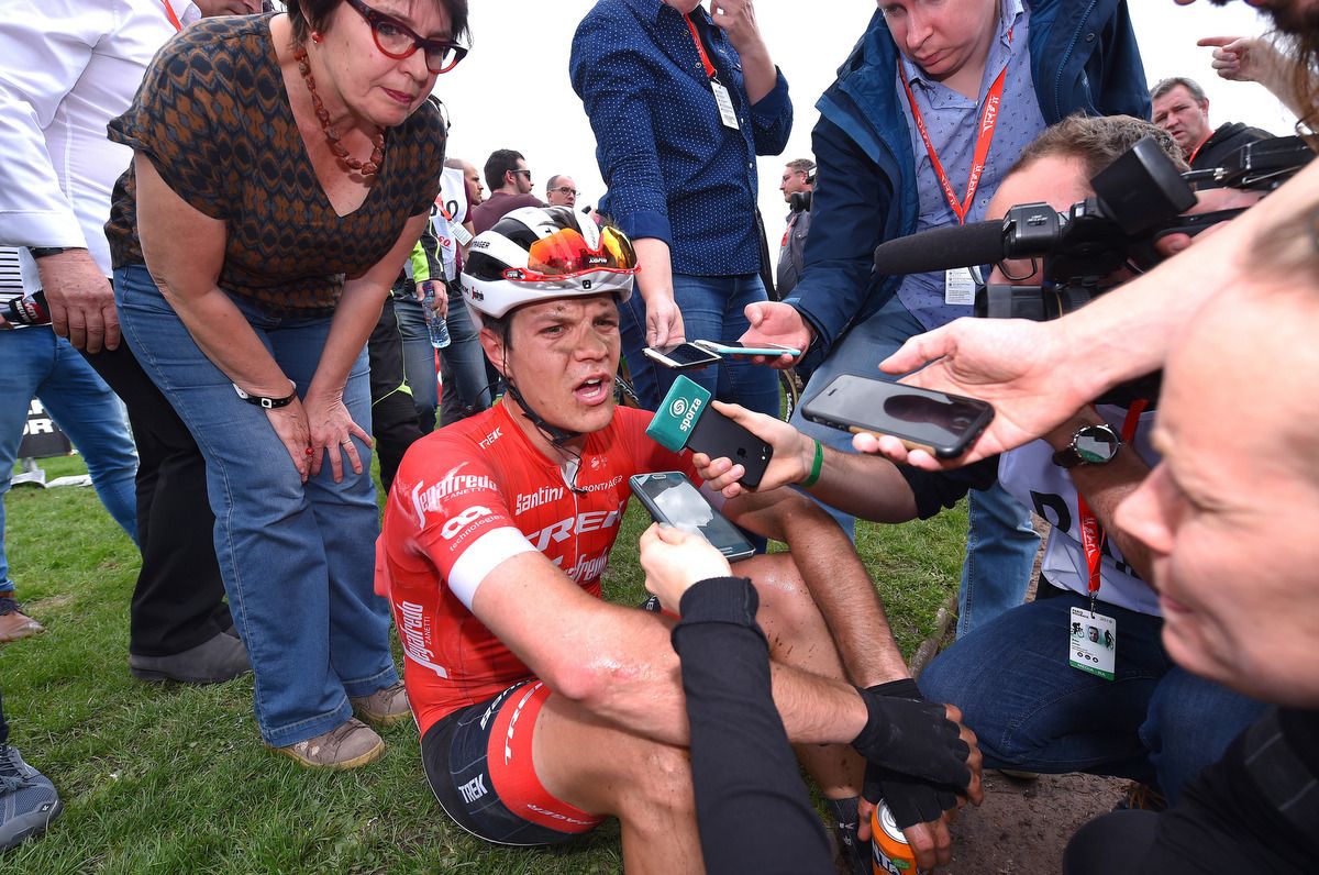 Jasper Stuyven (Trek Segafredo) with the press post-race