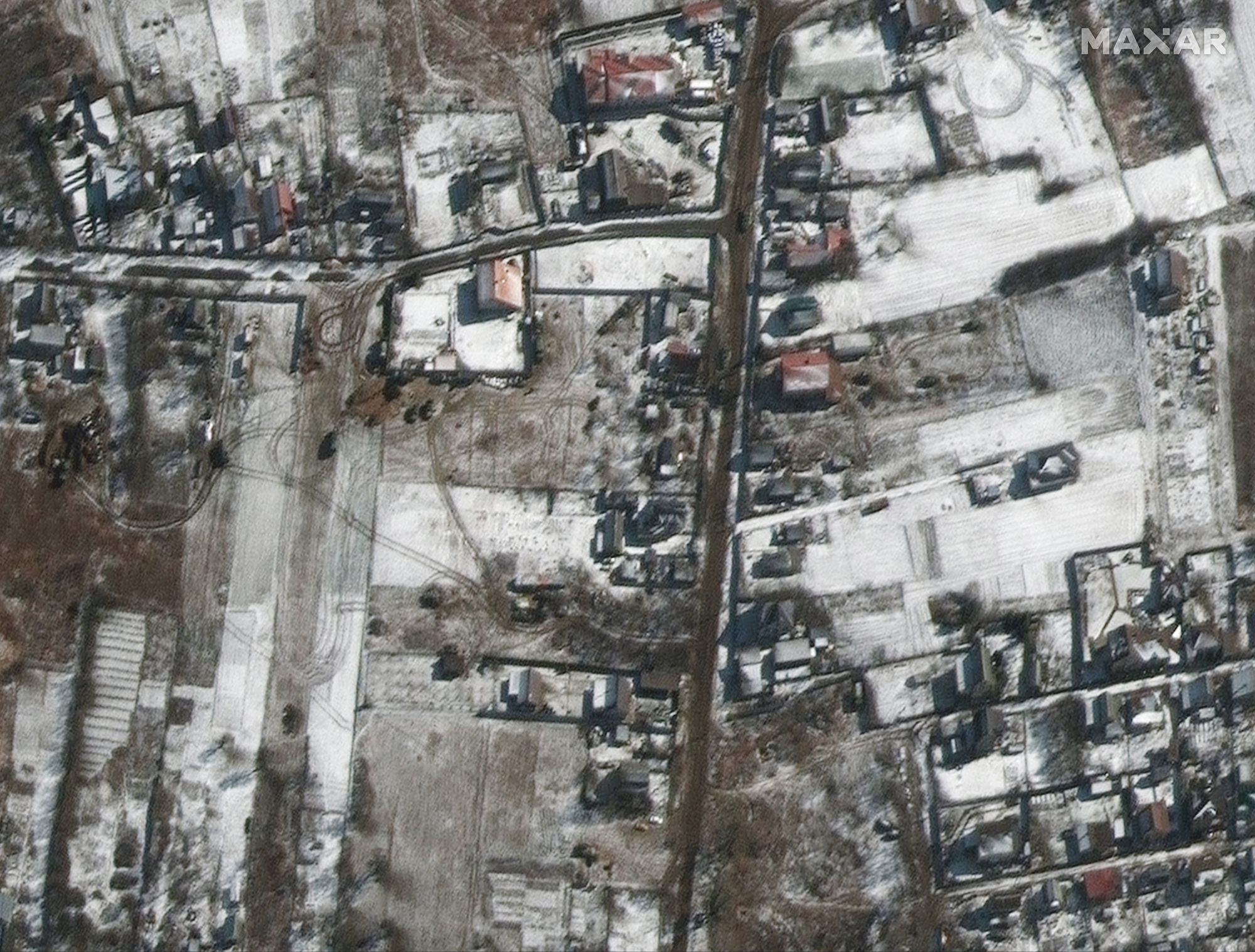 Troops and military vehicles deployed in Ozera, northeast of Antonov Airport near Kyiv, Ukraine are visible in this Maxar satellite image taken on March 10, 2022.