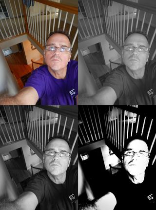 When shooting in the camera's creative mode, you can capture a normally exposed color photo, and the camera will create four copies, applying different effects. Here are three of the four black-and-white copies created using the Noir effect. (For illustra