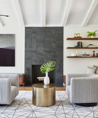 White living room with open shelving