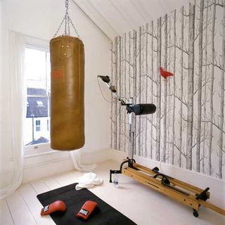 attic room with white wall and wooden floor and brown punching bag