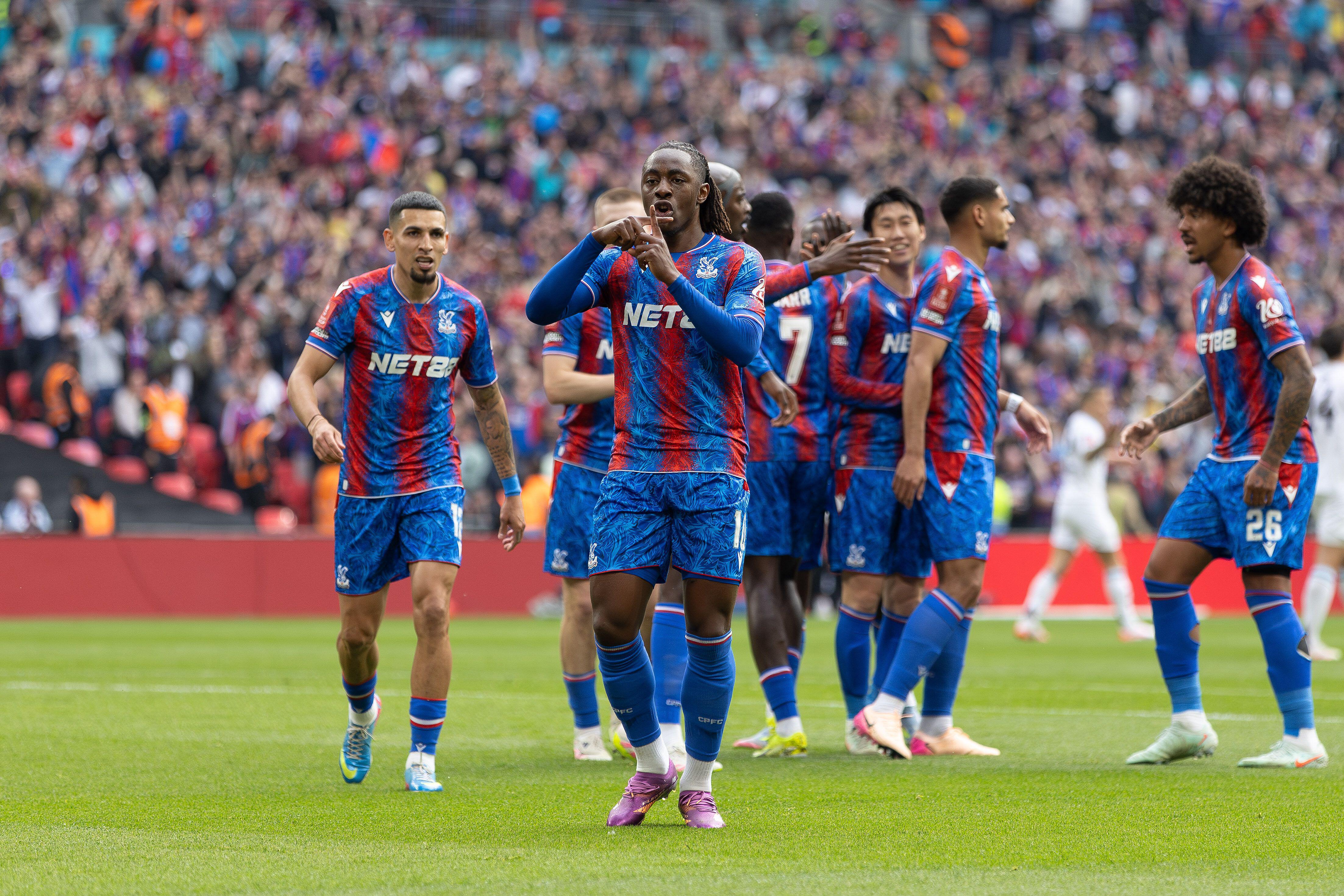Eberechi Eze celebrates after scoring for Crystal Palace against Aston Villa in the FA Cup semi-final at Wembley, April 2025
