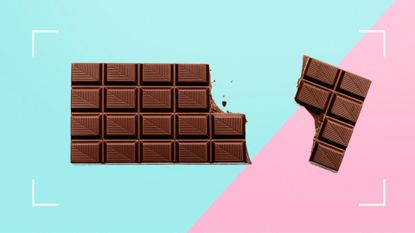 Bar of milk chocolate broken off at the end in two pieces sitting on light blue and pink background, representing how to stop eating chocolate