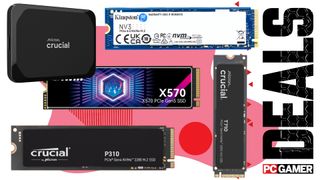 A selection of SSD storage drives on a pink background with "deals" text running down the right hand side