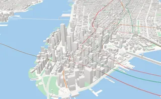 An image of a 3D map of Manhattan, including highlighted subway routes.