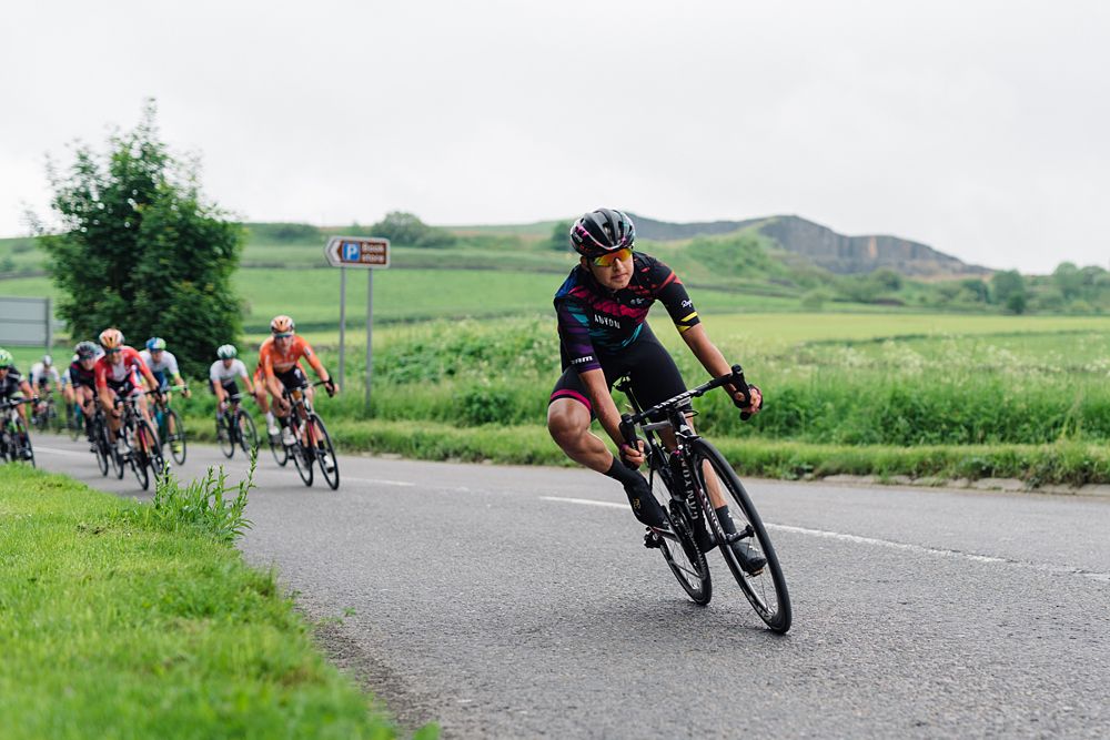 Barbara Guarischi leads the peloton on the approach to Buxton at Aviva Women's Tour 2016 - Stage 3