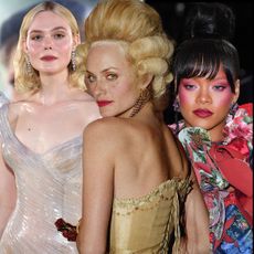 A collage of images of Elle Fanning, Amber Valletta, and Rihanna at different Met Galas through time.