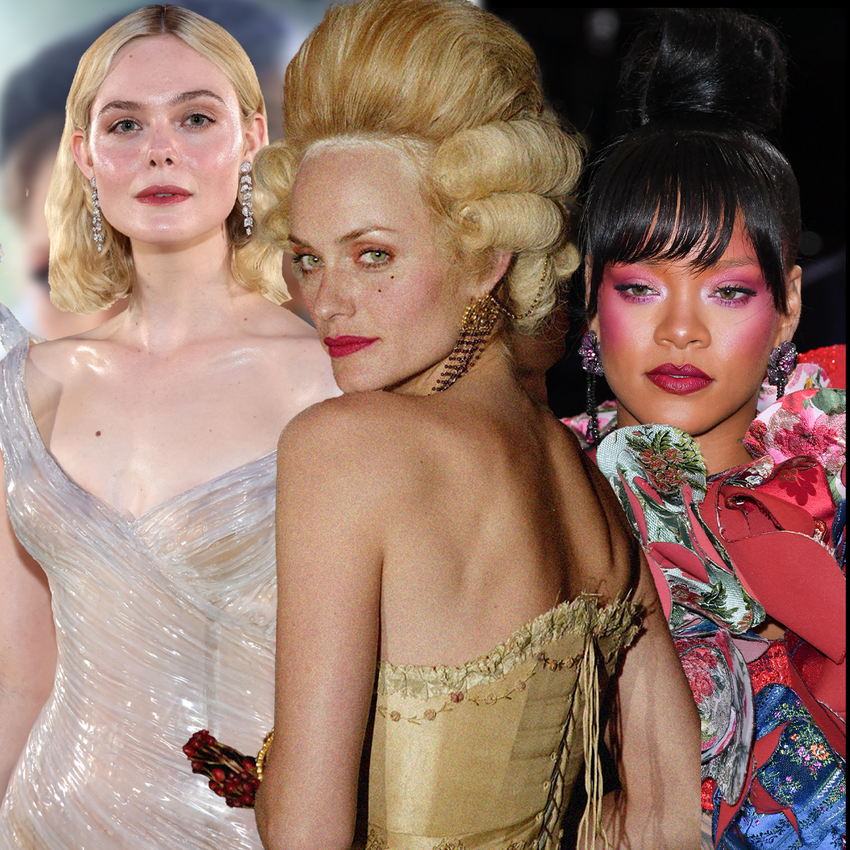 A collage of images of Elle Fanning, Amber Valletta, and Rihanna at different Met Galas through time.
