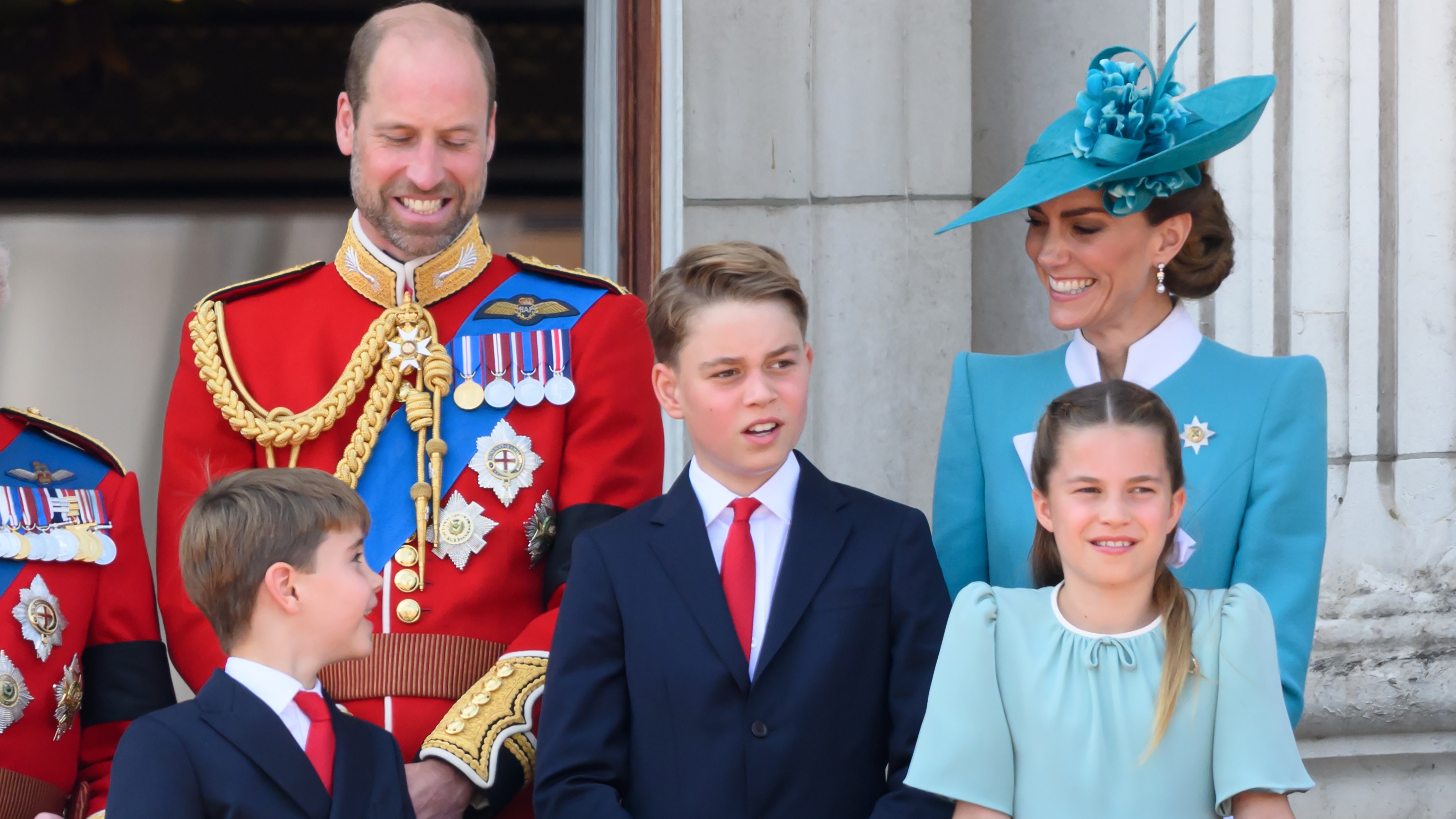 Prince Louis of Wales, Prince William, Prince of Wales, Prince George of Wales, Catherine, Princess of Wales and Princess Charlotte of Wales on the balcony of Buckingham Palace during Trooping The Colour 2025 on June 14, 2025