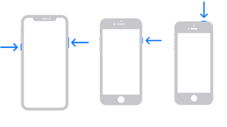 Three iPhones with arrows pointing to the buttons you must press to turn them off