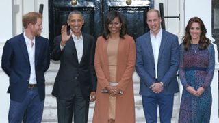 US President Barack Obama (2L), First Lady Michelle Obama (C) Britain's Prince William, Duke of Cambridge (2R), his wife Catherine, Duchess of Cambridge (R) and Britain's Prince Harry (L) all pose for a photograph at Kensington Palace in London, April 22, 2016.