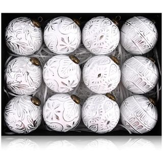 Vintage Christmas Ornaments for Tree Decorations - Rustic Christmas Ball Ornaments Silver White for Indoor Holiday Xmas Decor - 80mm 3.15inch, Pack of 12