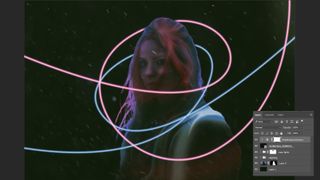 Image of woman with neon lines around her, with Photoshop layers named