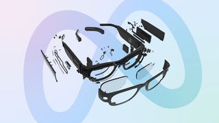 Facebook/Meta Aria smart glasses technical dissection image on a gradient backdrop showing the Meta logo.