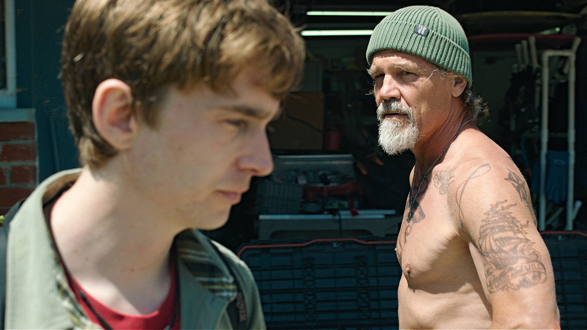 Austin Abrams as Jay Gardiner and Josh Brolin as Mitt Gardiner in "Whalefall" movie (2026)