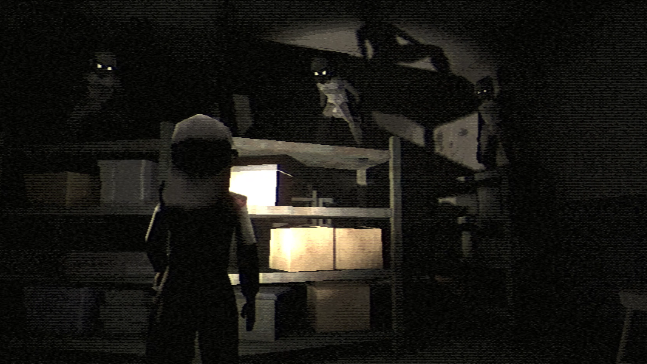 Mysterious figures watch the player character, illuminated by a torch