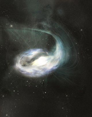 Artist's impression of the tidal disruption of a minor body by a neutron star.