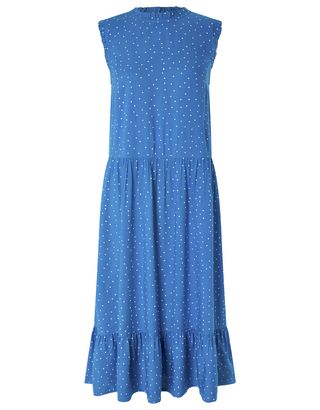 Monsoon Sustainable fabric spot tiered midi dress in lenzing ecovero blue