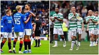 GLASGOW, SCOTLAND - AUGUST 17: Rangers&#039; Ross McCausland celebrates with Cyriel Dessers as he scores to make it 2-0 during a Premier Sports Cup last sixteen match between Rangers and St Johnstone at Hampden Park, on August 17, 2024, in Glasgow, Scotland. (Photo by Rob Casey/SNS Group via Getty Images) Celtic