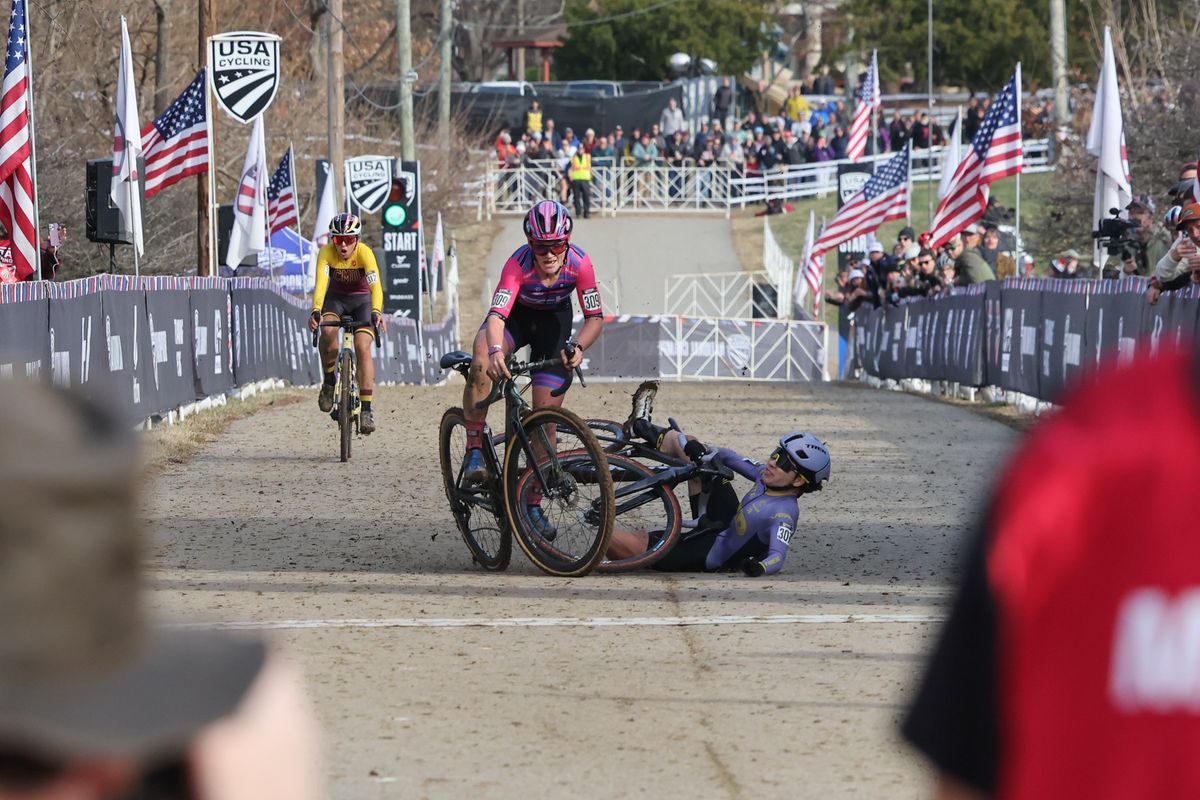 Katherine Sarkisov in the purple kit of CXD Trek BIkes hits the deck at the finish just before Cassidy Hickey of CCB also crashes in the U23 women&#039;s finish at USA Cycling Cyclocross National Championships