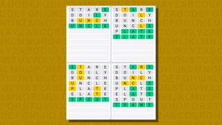 Quordle daily sequence answers for game 724 on a yellow background