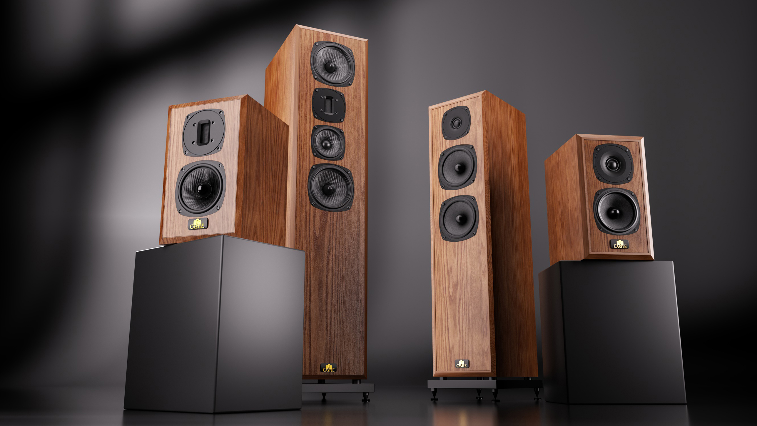 The Castle Tantagel and Walmer speakers, in a dramatic black room