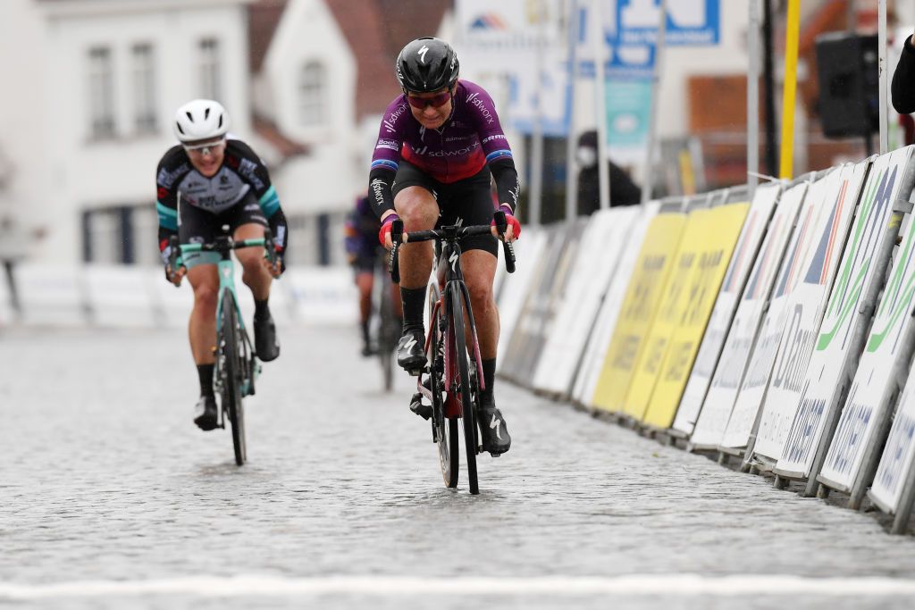 NOKERE BELGIUM MARCH 17 Sprint Arrival Amy Pieters of Netherlands and Team SD Worx Grace Brown of Australia and Team BikeExchange during the 3rd Nokere Koerse Danilith Classic 2021 Womens Elite a 124km race from Deinze to Nokere NokereKoerse on March 17 2021 in Nokere Belgium Photo by Mark Van HeckeGetty Images