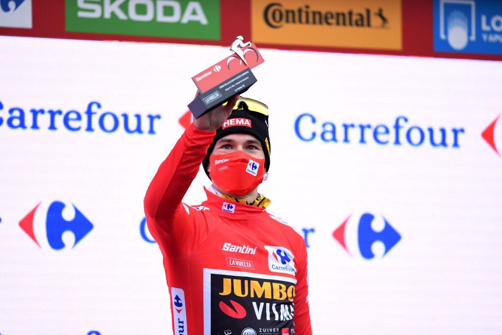 PUEBLA DE SANABRIA SPAIN NOVEMBER 05 Podium Primoz Roglic of Slovenia and Team Jumbo Visma Red Leader Jersey Celebration Trophy during the 75th Tour of Spain 2020 Stage 15 a 2308km stage from Mos to Puebla de Sanabria 924m lavuelta LaVuelta20 La Vuelta on November 05 2020 in Puebla de Sanabria Spain Photo by David RamosGetty Images