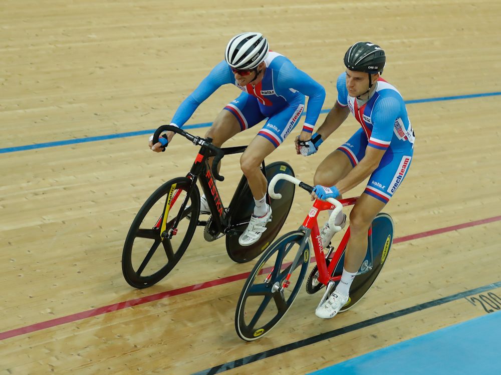: Team of Czech Republic cyclist Jiri Hochmann and Martin Blaha in relay of the Men's Madison Final on Day 5 in 2017 UCI Track Cycling World Championships
