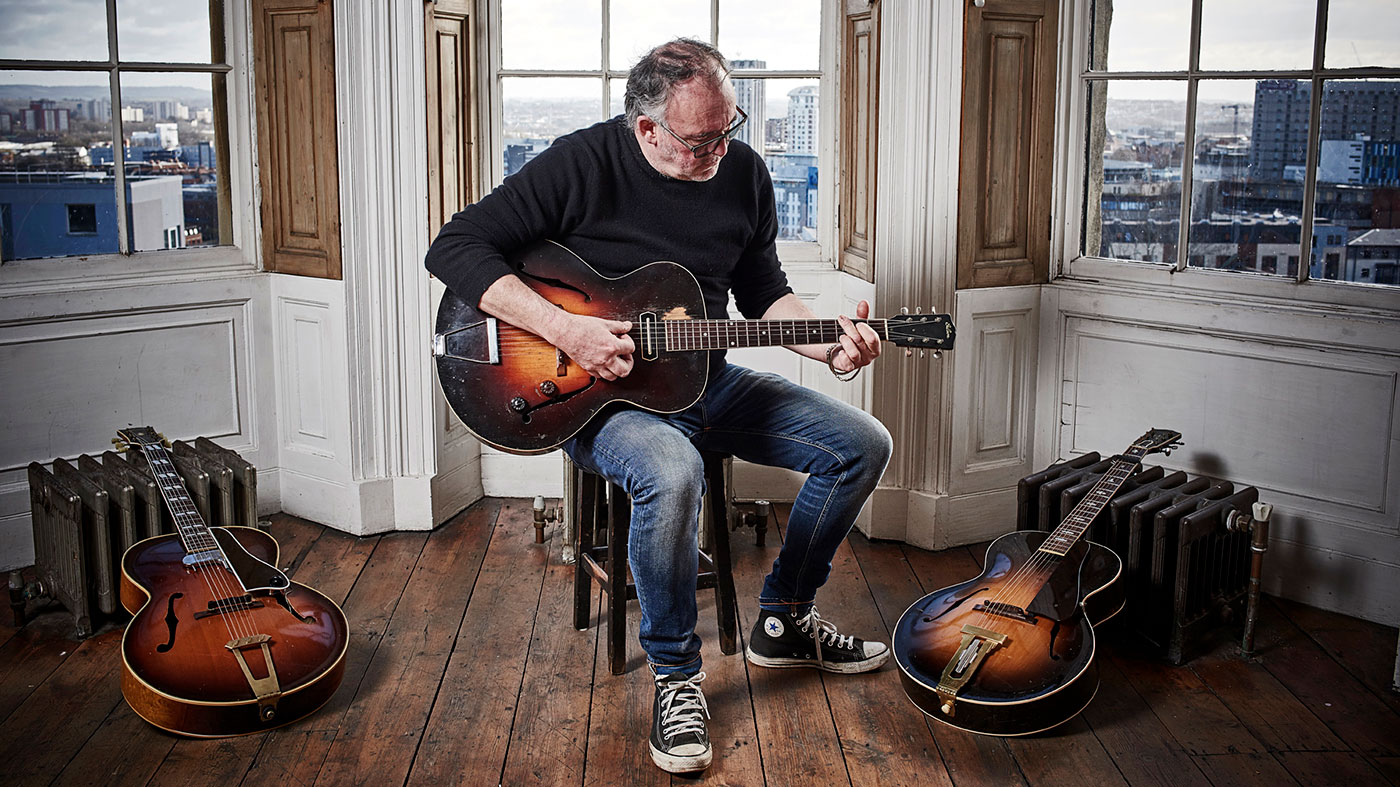 Adrian playing his ’39 Gibson ES-150 with Charlie Christian blade pickup, flanked by the 1948 Gibson L-12 (left) and a 1936 Gibson L-4 with L-5CES replacement tailpiece (right)