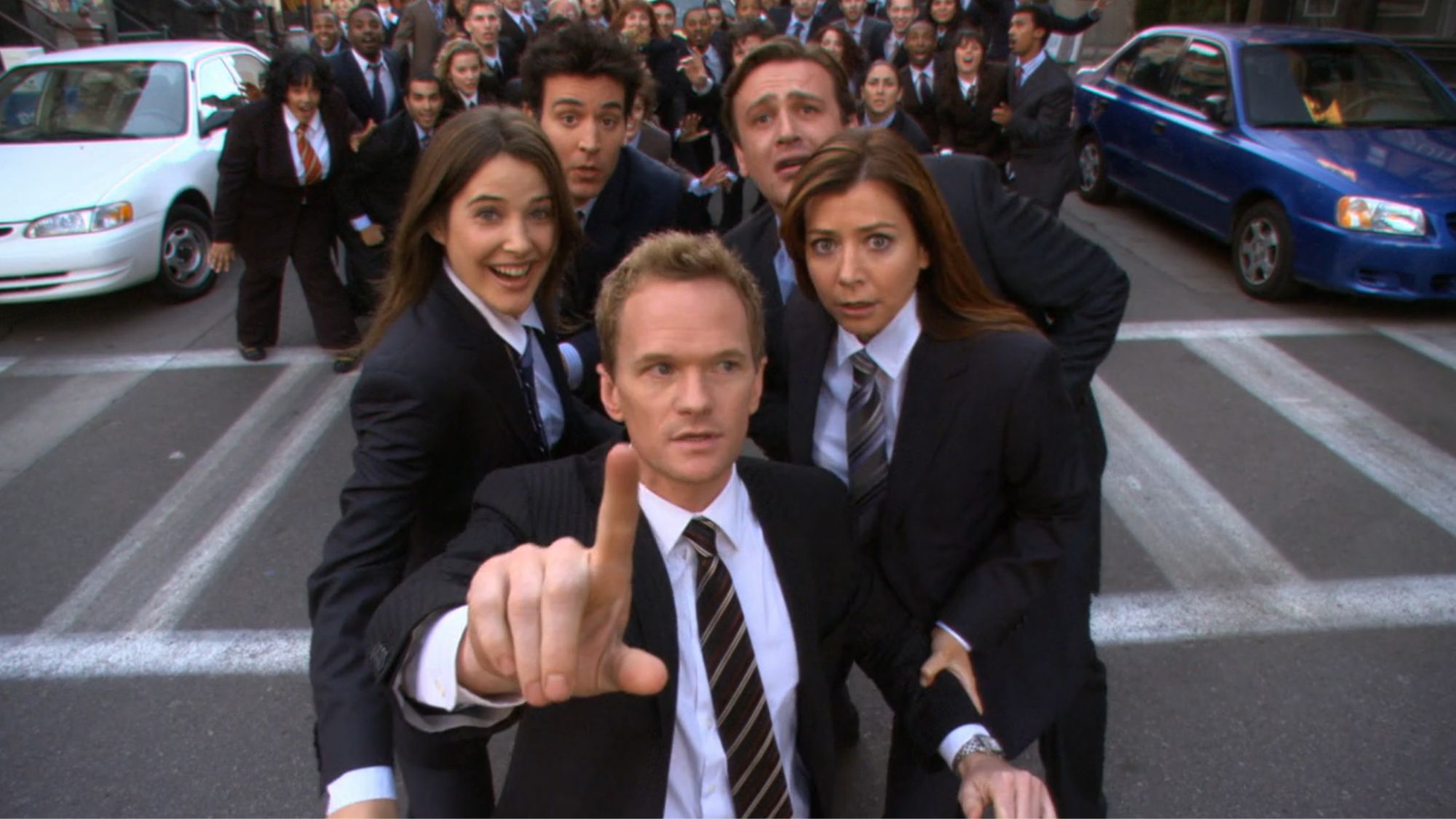 Neil Patrick Harris, Cobie Smulders, Alyson Hannigan, Josh Radnor, and Jason Segel in How I Met Your Mother.