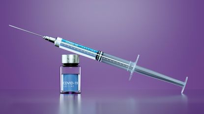 Digital generated image of Syringe with anti COVID-19 vaccine on purple background.