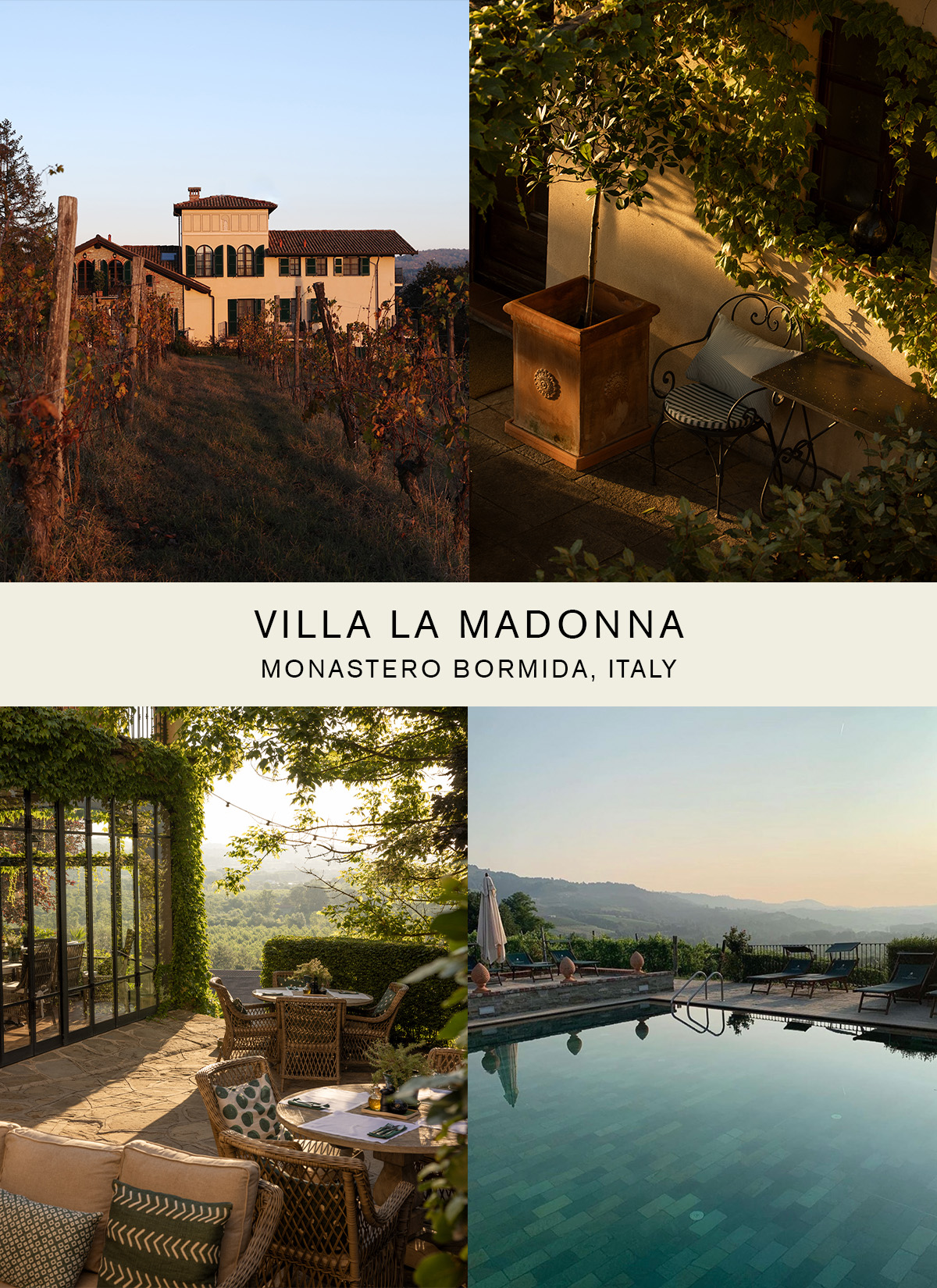 Collage featuring countryside hotel Villa La Madonna outside of Milan.